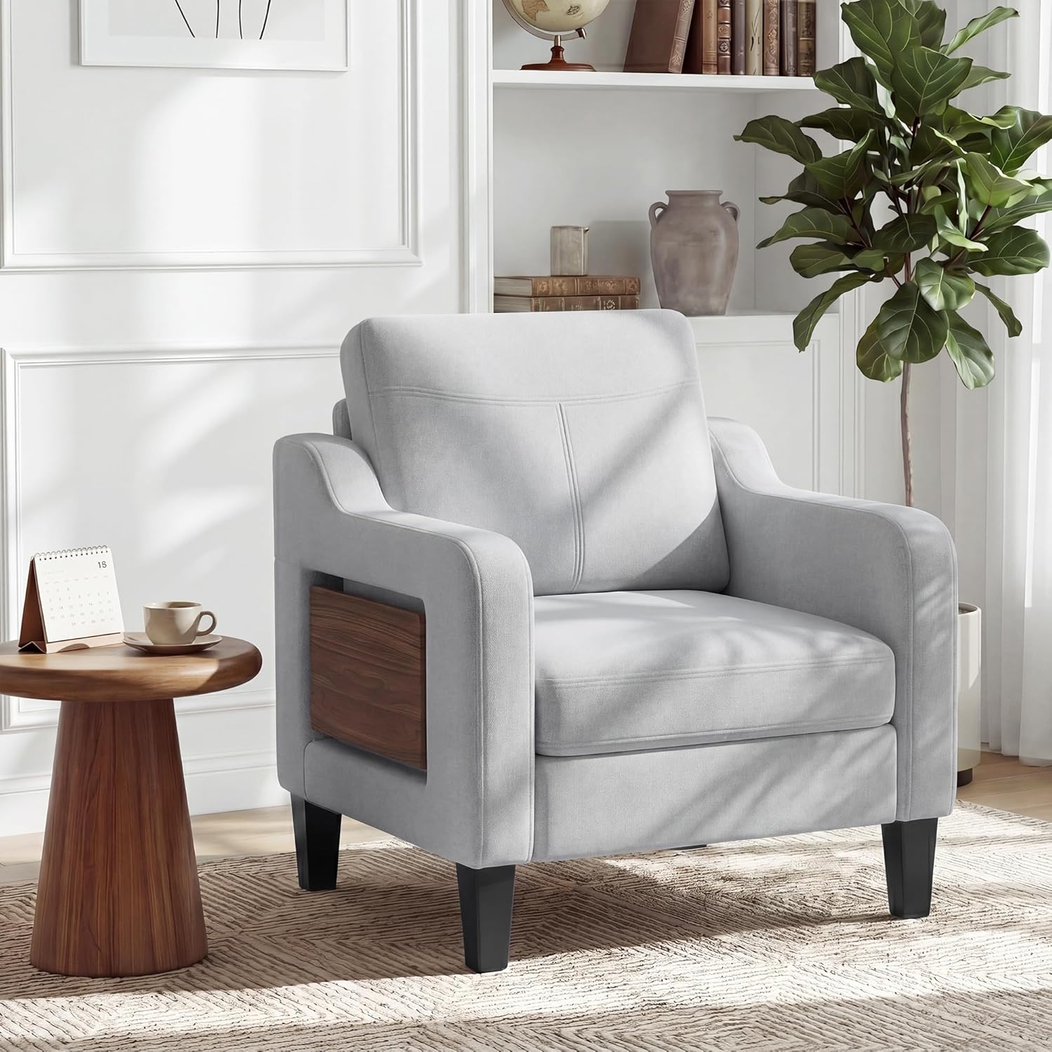 Accent Chair for Living Room, Mid-Century Upholstered Armchair with Foldable Table & 2 Side Pockets, Modern Linen Wooden Sofa Chair for Bedroom & Reading Room, Light Grey — Light Grey / 1