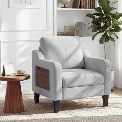Accent Chair for Living Room, Mid-Century Upholstered Armchair with Foldable Table & 2 Side Pockets, Modern Linen Wooden Sofa Chair for Bedroom & Reading Room, Light Grey — Light Grey / 1