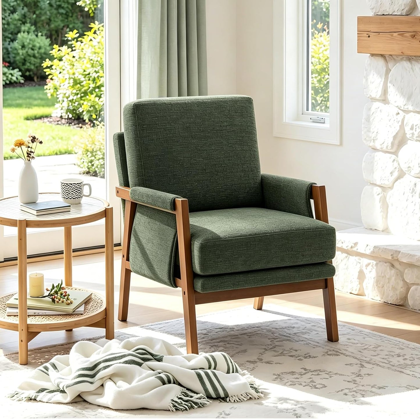 RNKSFX Cream Accent Chair for Bedroom & Living Room, Mid Century Modern Accent Arm Chair, Upholstered Anthropologie Accent Chair with Solid Wood Frame, Fabric