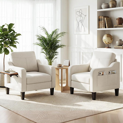 Accent Chair for Living Room, Mid-Century Upholstered Armchair with Foldable Table & 2 Side Pockets, Modern Linen Wooden Sofa Chair for Bedroom & Reading Room, Light Grey