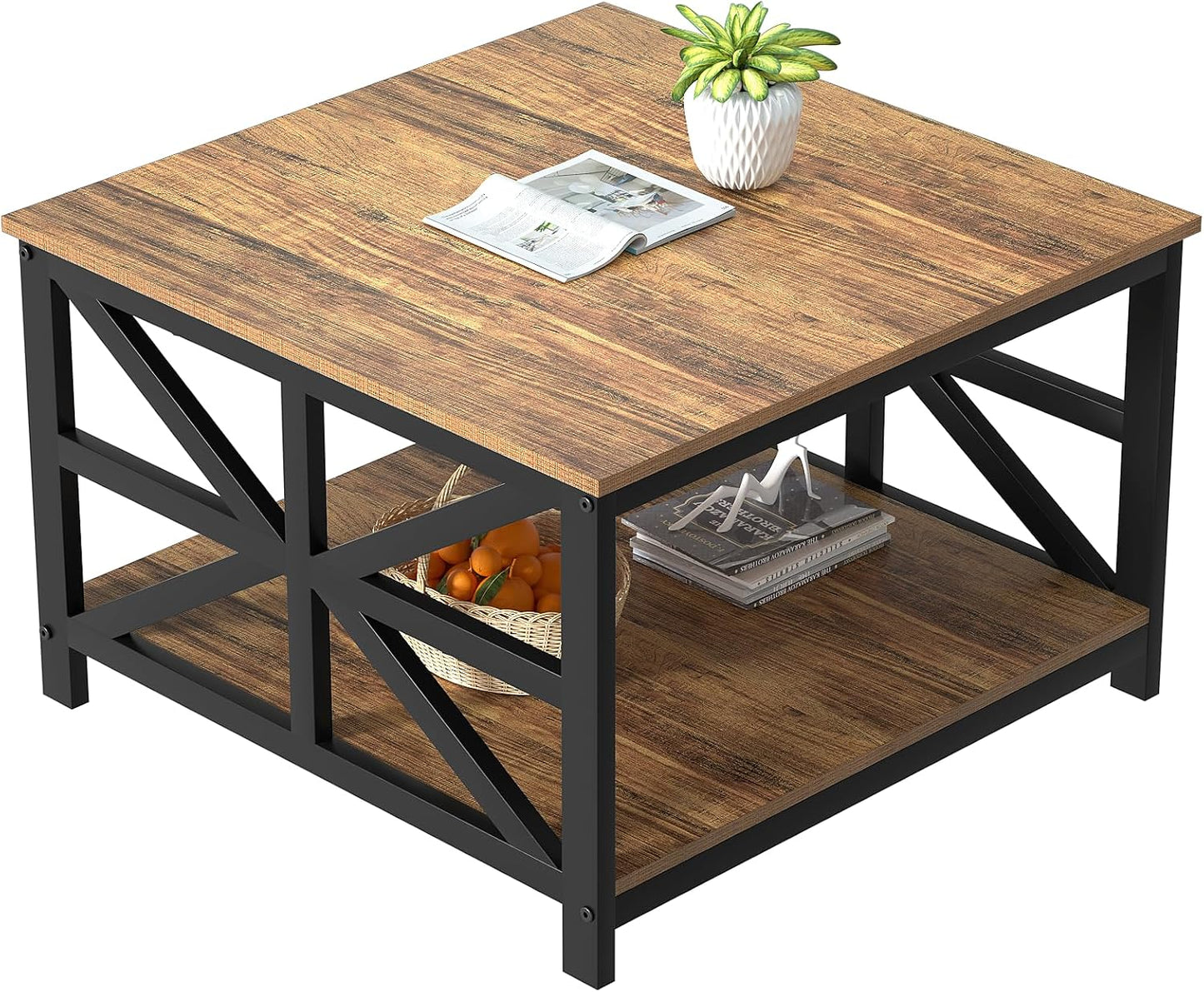 GreenForest Round Corners Coffee Table for Living Room | Rustic Style Center Table with Storage Shelf,39 Inch Space Saving Sofa Table,Easy Assembly,Gray Wash — Walnut / Square