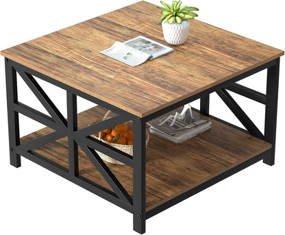 GreenForest Round Corners Coffee Table for Living Room | Rustic Style Center Table with Storage Shelf,39 Inch Space Saving Sofa Table,Easy Assembly,Gray Wash — Walnut / Square