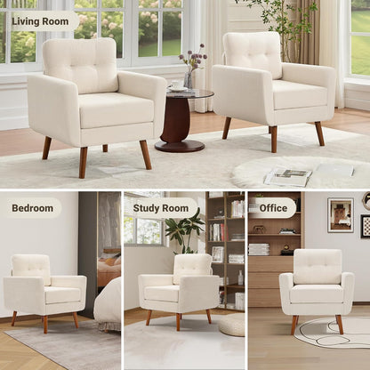 Tbfit Linen Fabric Single Sofa, Accent Chair, Mid Century Modern Armchair for Living Room, Bedroom Button Tufted Upholstered Comfy Reading Sofas, Beige — Single / Beige (6)