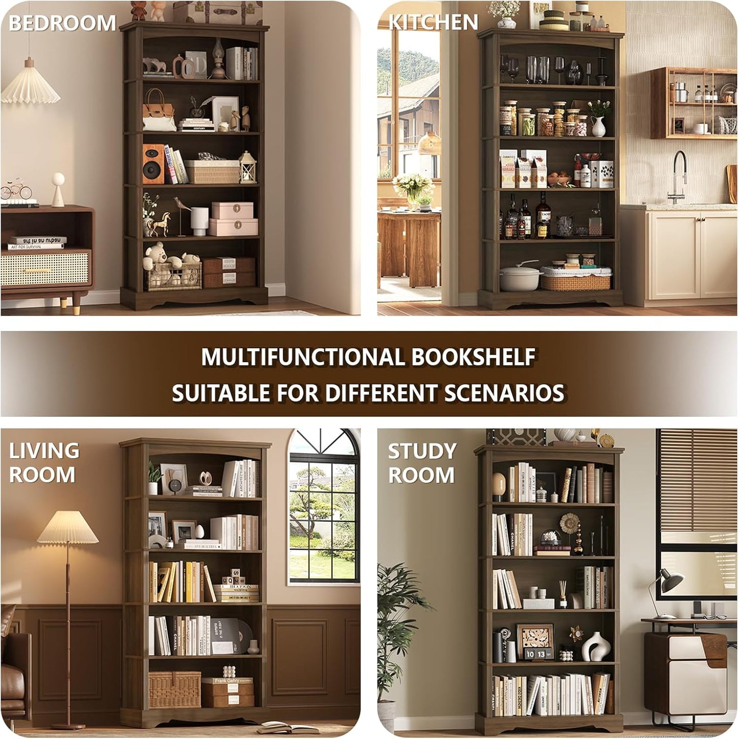 TVU 5-Tier Wooden Bookshelf, 31.5" W x 65" H ×9.9" D Bookshelf with Storage, Floor Standing Modern Style Display Bookcase for Living Room, Office, Study Room, Entryway, Brown — Brown / 5 Tier (9)