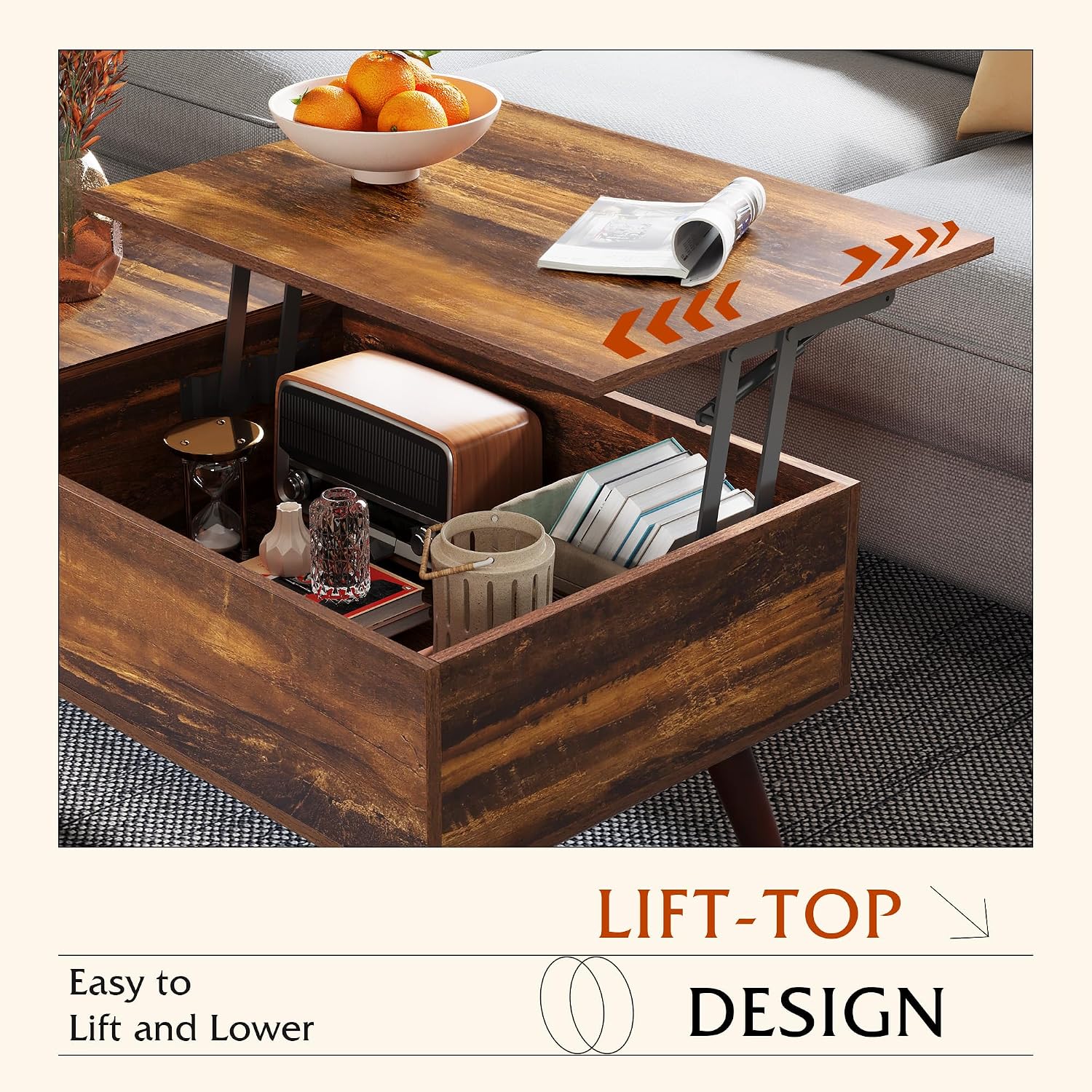 WLIVE Coffee Table with Lifting Top, Hidden Storage & Adjustable Shelf for Living Room Small Space, Multifunctional Rising Wooden Center Table, Mid Century Modern Tables for Home Dining Office, Brown — Rustic Brown / 39.4"W x 19.7"D x 16.9"H (3)