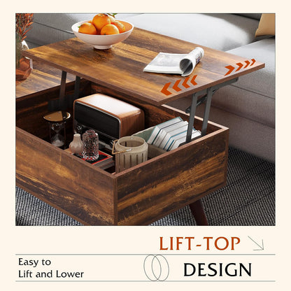WLIVE Coffee Table with Lifting Top, Hidden Storage & Adjustable Shelf for Living Room Small Space, Multifunctional Rising Wooden Center Table, Mid Century Modern Tables for Home Dining Office, Brown — Rustic Brown / 39.4"W x 19.7"D x 16.9"H (3)