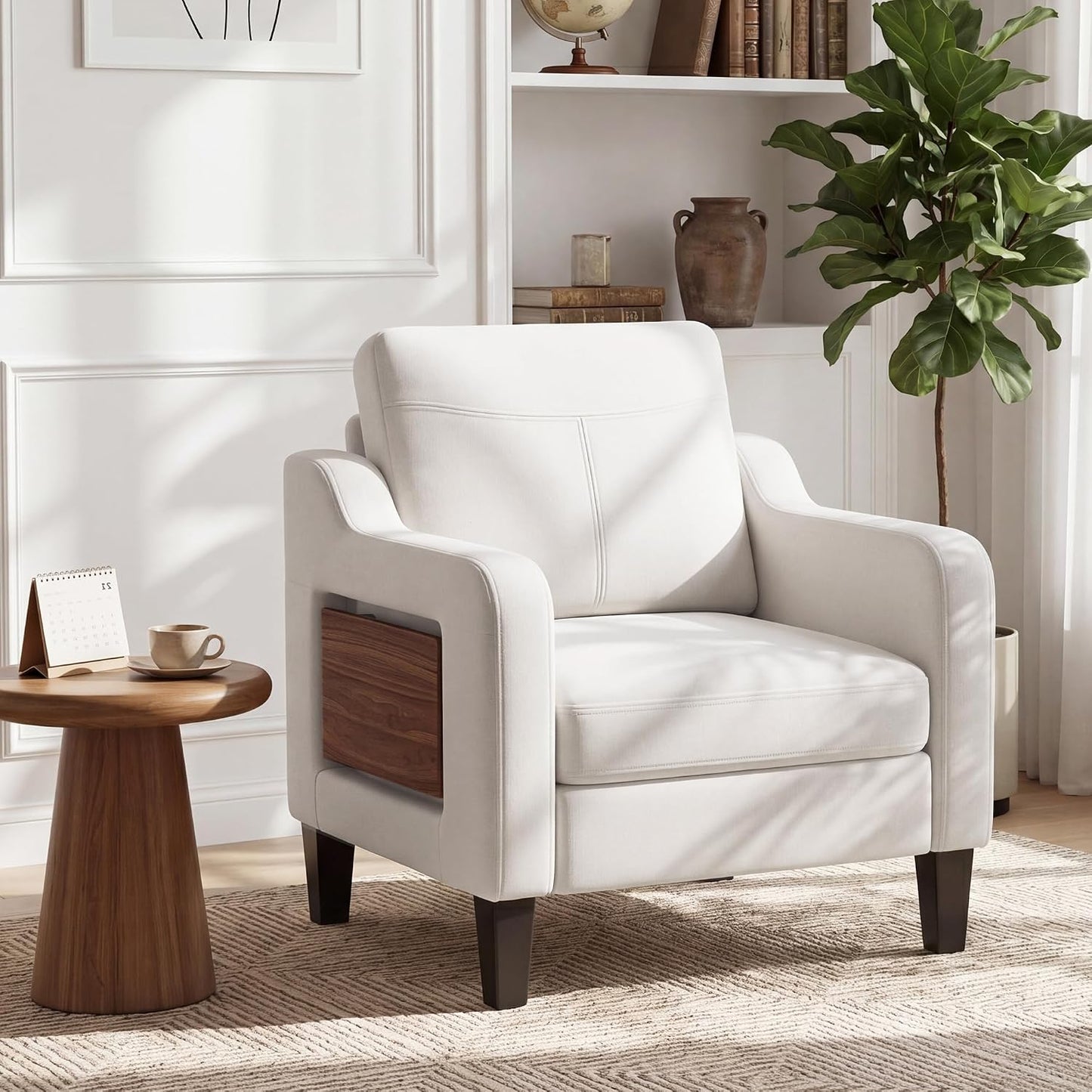 Accent Chair for Living Room, Mid-Century Upholstered Armchair with Foldable Table & 2 Side Pockets, Modern Linen Wooden Sofa Chair for Bedroom & Reading Room, Light Grey — Beige / 1