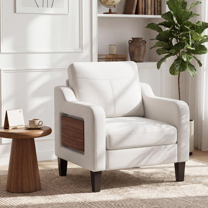 Accent Chair for Living Room, Mid-Century Upholstered Armchair with Foldable Table & 2 Side Pockets, Modern Linen Wooden Sofa Chair for Bedroom & Reading Room, Light Grey — Beige / 1