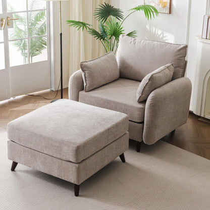 Rexulqo Oversized Accent Chair with All Seats Storage,Comfy Living Room Chairs with 2 Throw Pillow,Upholstered Mid-Century Armchair,24.5'' Deep Seat,Reading Chair for Bedroom,Office,Chenille,Orange — 1*Chair + 1*Ottoman / Khaki