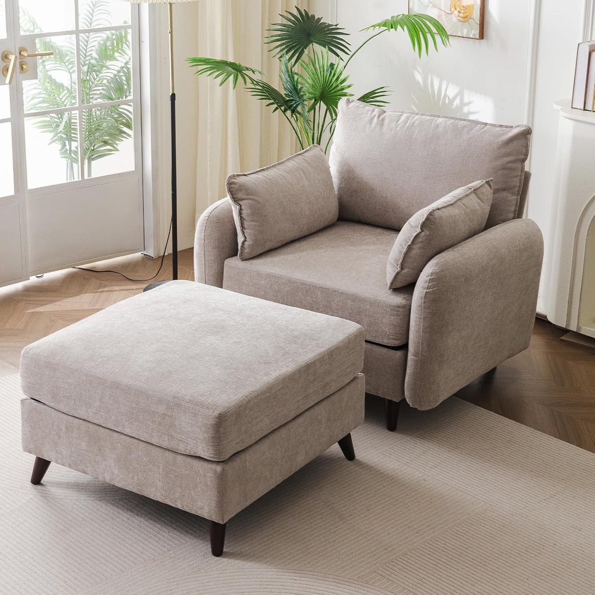 Rexulqo Oversized Accent Chair with All Seats Storage,Comfy Living Room Chairs with 2 Throw Pillow,Upholstered Mid-Century Armchair,24.5'' Deep Seat,Reading Chair for Bedroom,Office,Chenille,Orange — 1*Chair + 1*Ottoman / Khaki