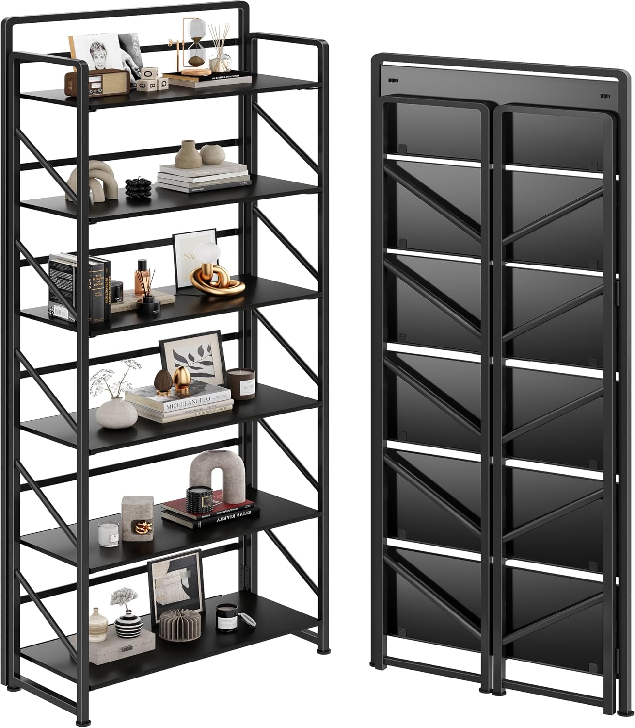 JSB No Assembly Folding Bookshelf, 4 Tier Industrial Metal Book Shelf for Storage, Vintage Wood Foldable Bookcase for Living Room, Bedroom, Office Organization Shelves — Black / 6-Tier