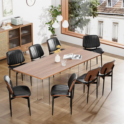 YaFiti Mid Century Dining Chairs Set of 4 with Walnut Bentwood, Greige | Ergonomic Walnut Backrest, Upholstered Waterproof PU Leather Seat, Stable Metal Legs, Adjustable Footpads, Apartment Friendly — Black Scallop / 8