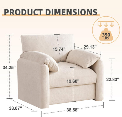 Howjoe Chenille Oversized Armchair, 38.6" Wide Accent Chairs for Living Room & Bedroom Modern Lounge Chair, Upholstered Mid-Century Reading Chair, Comfy Living Room Chair, Single Sofa Chair, Beige — Beige / 1 Pack (2)