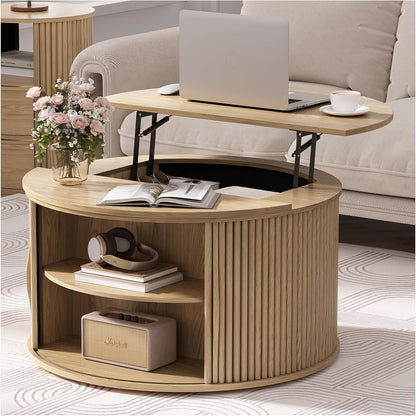 JOINICE 31.5" Round Coffee Table with Storage for Living Room, Walnut | Hidden Storage,Fluted Sliding Door,Mid Century Furniture for Small Apartments,Solid Wood Legs,Easy Assembly,Up to 110 lbs — Oak_round (Lift Top)