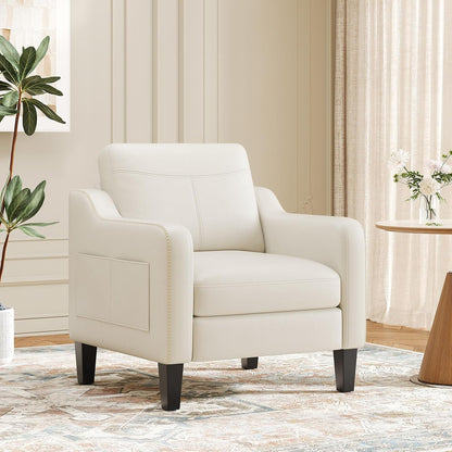 MALOL PU Leather Accent Chair, Mid-Century Modern Living Room Armchair Sofa with Removable Cushions, Solid Wood Frame & Stitched Armrest Design, Bedroom Chair with Plastic Legs, Chocolate Brown