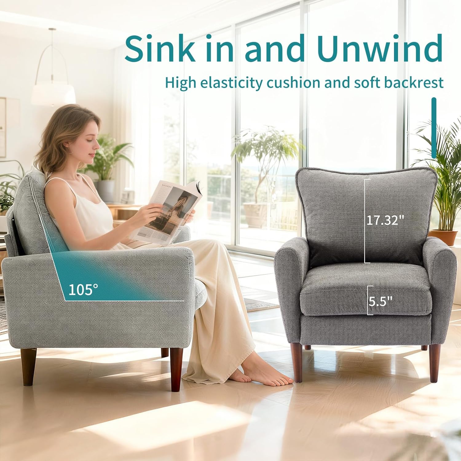 OLIXIS Comfy Accent Chair for Living Room Bedroom and Waiting Room, Upholstered Mid-Century Reading Chair with Pillow and Solid Wood Legs, Wide Singe Modern Lounge Sofa, Gray — Deep Gray / 1 (6)