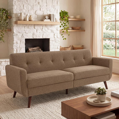 Tbfit Linen Fabric Single Sofa, Accent Chair, Mid Century Modern Armchair for Living Room, Bedroom Button Tufted Upholstered Comfy Reading Sofas, Beige — 80" L-shape / Brown