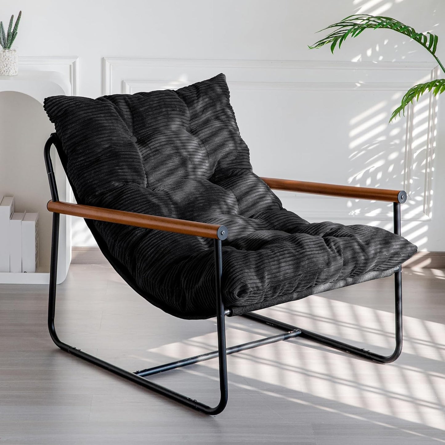 MAXYOYO Modern Accent Chair, Comfy Living Room Chair with Metal Frame Wooden Armrest, Upholstered Armchair with Soft Cushion for Bedroom Balcony Lounge Reading Room, Beige — Black (Corded Fabric) / Standard