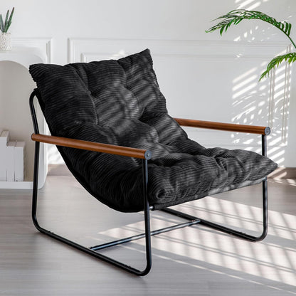 MAXYOYO Modern Accent Chair, Comfy Living Room Chair with Metal Frame Wooden Armrest, Upholstered Armchair with Soft Cushion for Bedroom Balcony Lounge Reading Room, Beige — Black (Corded Fabric) / Standard