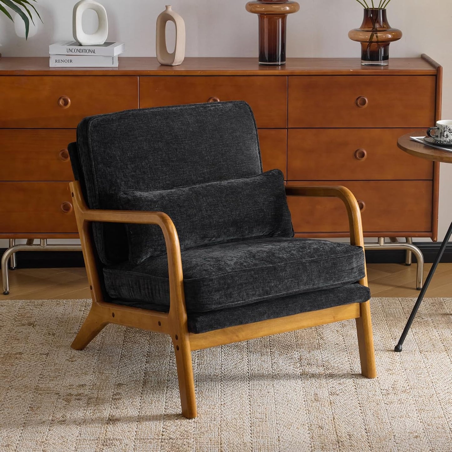 Karl home Mid-Century Modern Accent Reading Chair, Beige | Linen Upholstered, Solid Wood Frame, Soft Cushion, Lumbar Pillow, Lounge Armchair for Living Room, Bedroom, Balcony, Study — Chenille Black