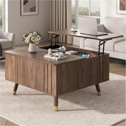 JOINICE 31.5" Round Coffee Table with Storage for Living Room, Walnut | Hidden Storage,Fluted Sliding Door,Mid Century Furniture for Small Apartments,Solid Wood Legs,Easy Assembly,Up to 110 lbs — Walnut_square