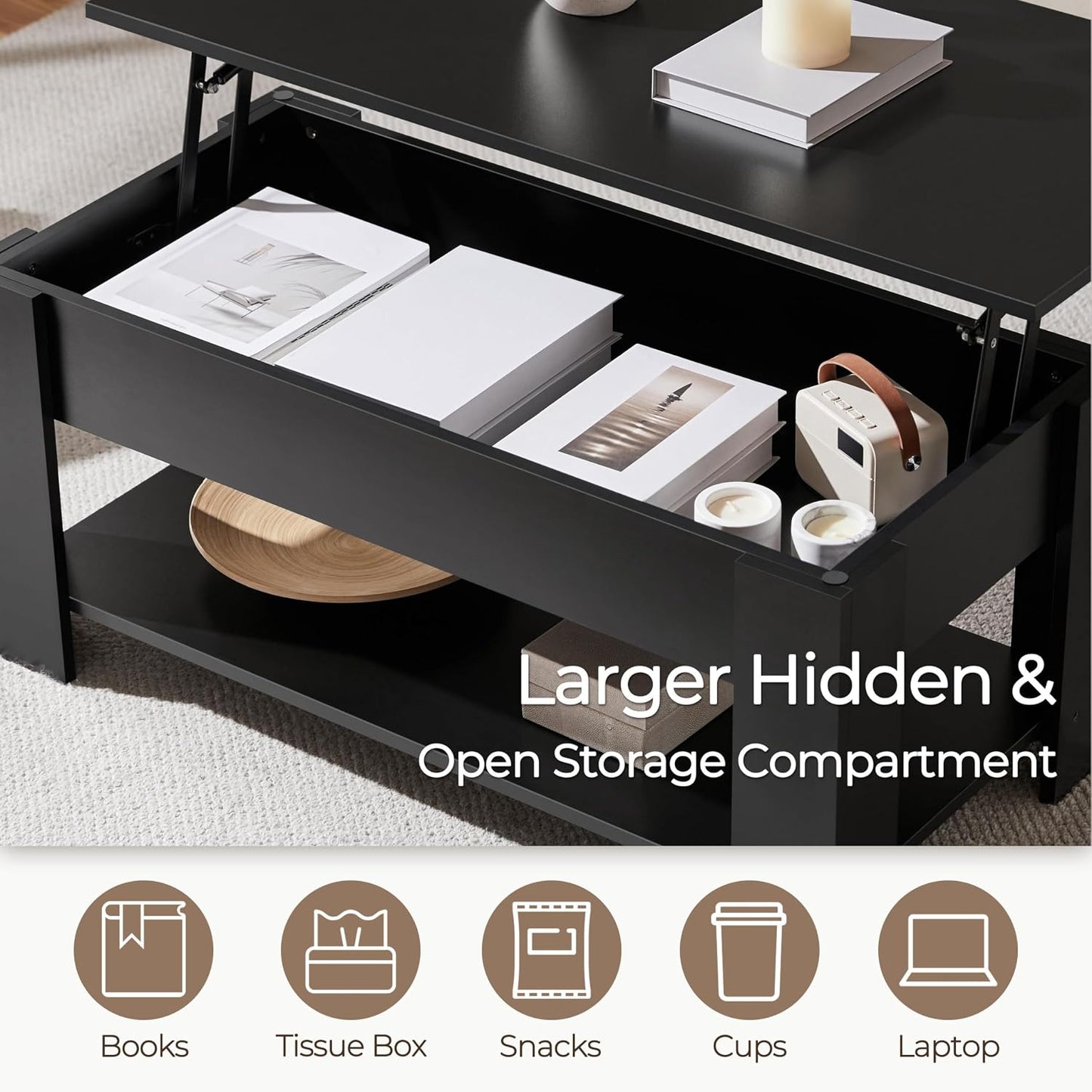 Yaheetech Wooden Coffee Table, Lift Top Coffee Table with Large Hidden Storage Shelf, Lift Tabletop Dining Tables for Living Room, Home Small Space, 38.6in, Black — Black / 38.6 inches (6)