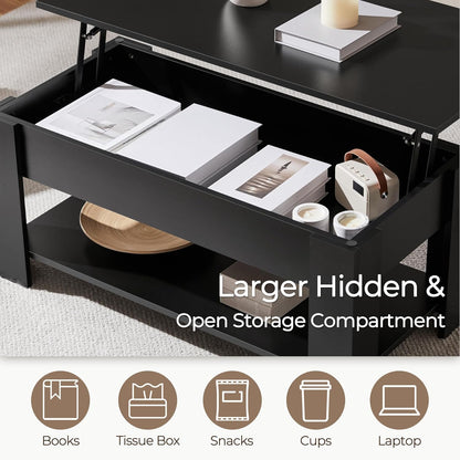 Yaheetech Wooden Coffee Table, Lift Top Coffee Table with Large Hidden Storage Shelf, Lift Tabletop Dining Tables for Living Room, Home Small Space, 38.6in, Black — Black / 38.6 inches (6)