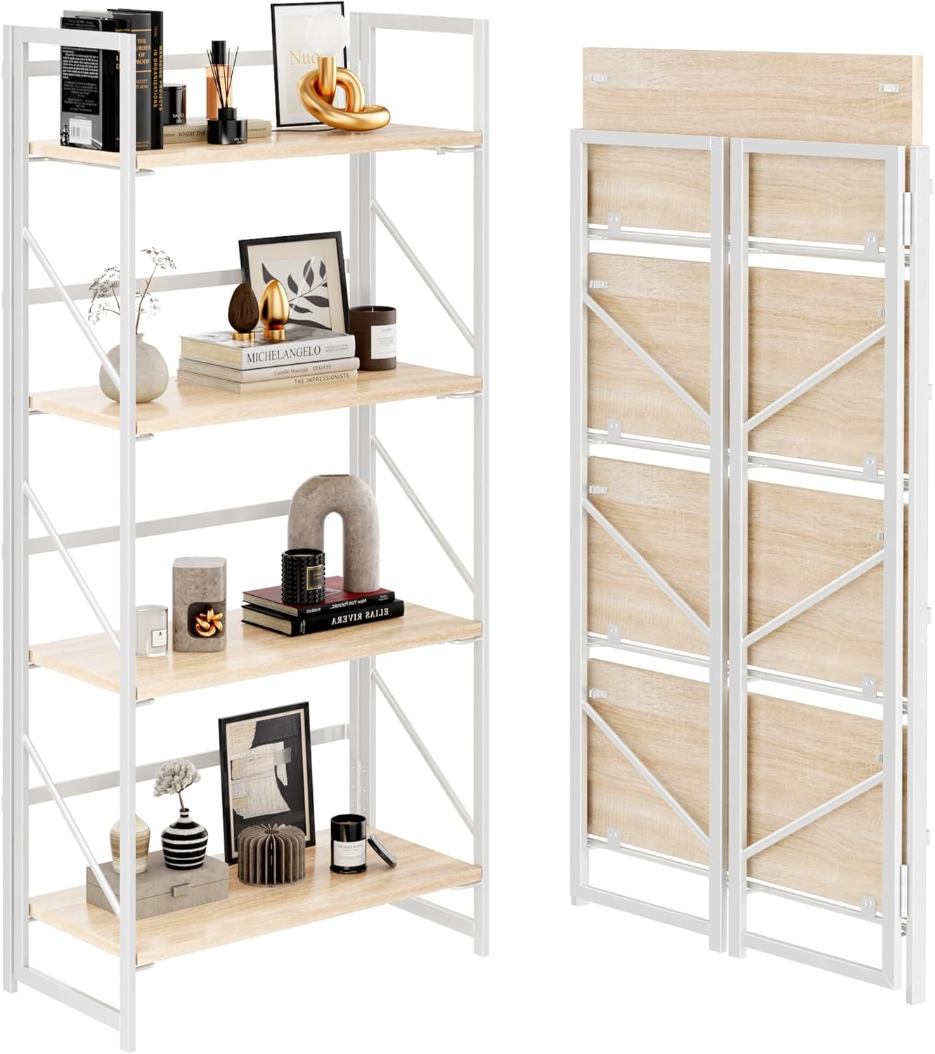 JSB No Assembly Folding Bookshelf, 4 Tier Industrial Metal Book Shelf for Storage, Vintage Wood Foldable Bookcase for Living Room, Bedroom, Office Organization Shelves — White / Flat Tube 4-Tier