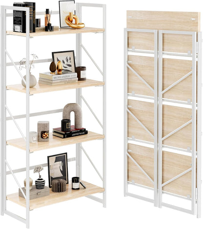 JSB No Assembly Folding Bookshelf, 4 Tier Industrial Metal Book Shelf for Storage, Vintage Wood Foldable Bookcase for Living Room, Bedroom, Office Organization Shelves — White / Flat Tube 4-Tier