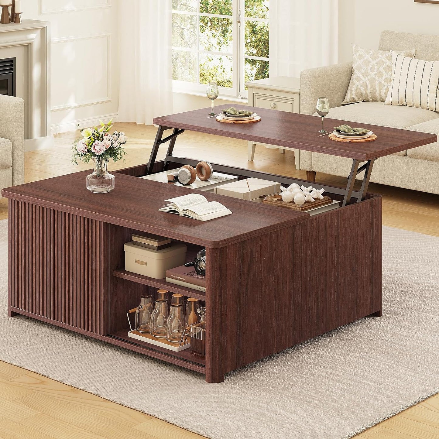 SEDETA 31.5" Lift Top Coffee Table with Storage, Square Coffee Tables for Living Room, Farmhouse Coffee Table with Large Hidden Storage Compartment and Adjustable Shelves, Black — Walnut