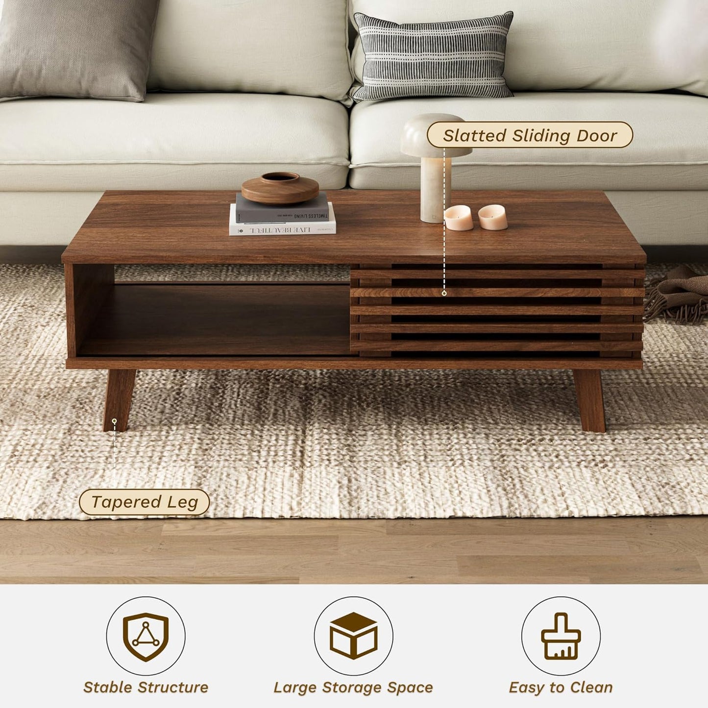 Furniway Mid Century Modern Coffee Table, Wood Coffee Table with Storage, Farmhouse Table for Living Room, Apartment, Walnut — Walnut (4)