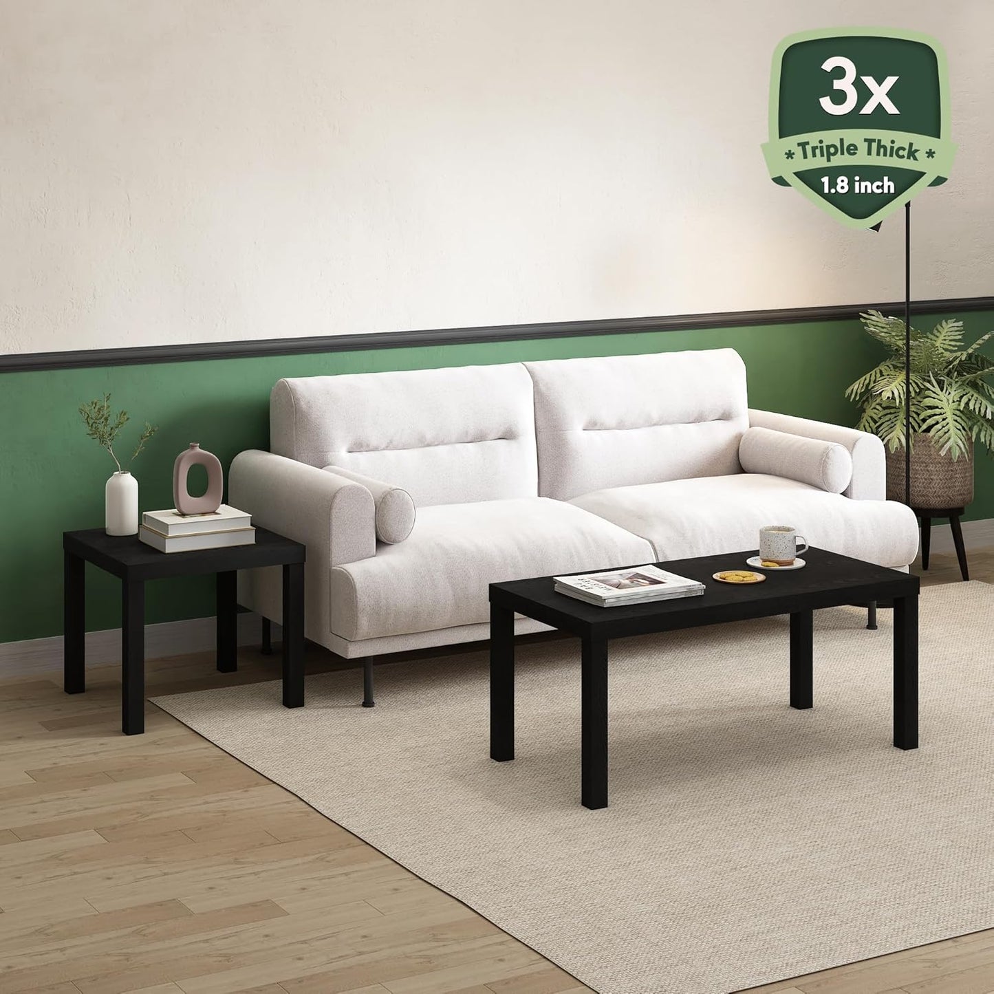 Furinno CLASSIC Coffee Table, Modern Rectangle Printer Stand, Black | 1.8" Triple Thick Tabletop, Toolless Assembly, Side Table, for Living Room, Home Office — Black / Rectangle (2)