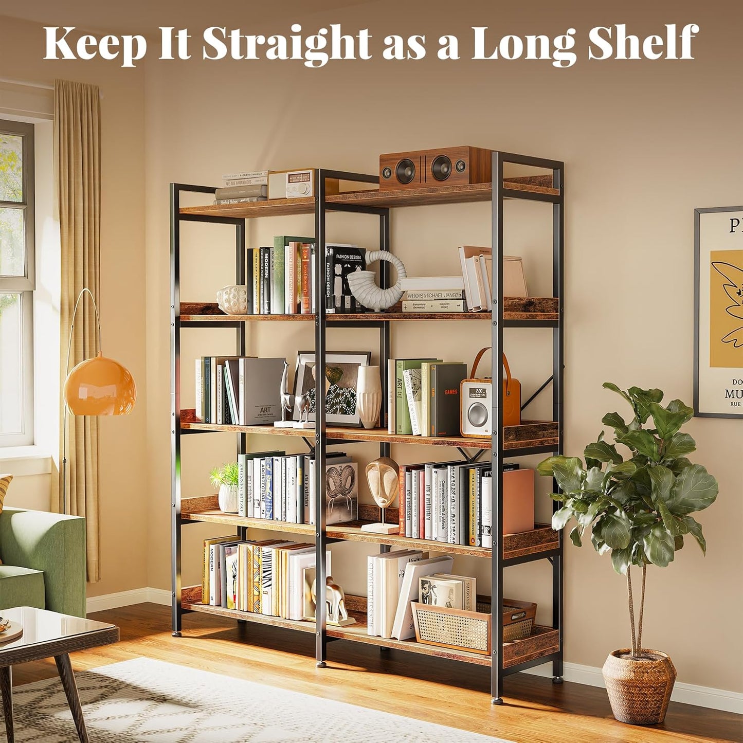 Huuger 5 Tier Bookshelf, Display Bookshelf with 10 Open Shelves and Raised Baffle, 47.2 Inch Straight Wide Bookcase with Metal Frame and Wooden Board, Adjustable Feet, Rustic Brown — 5 Tier / Rustic Brown (4)