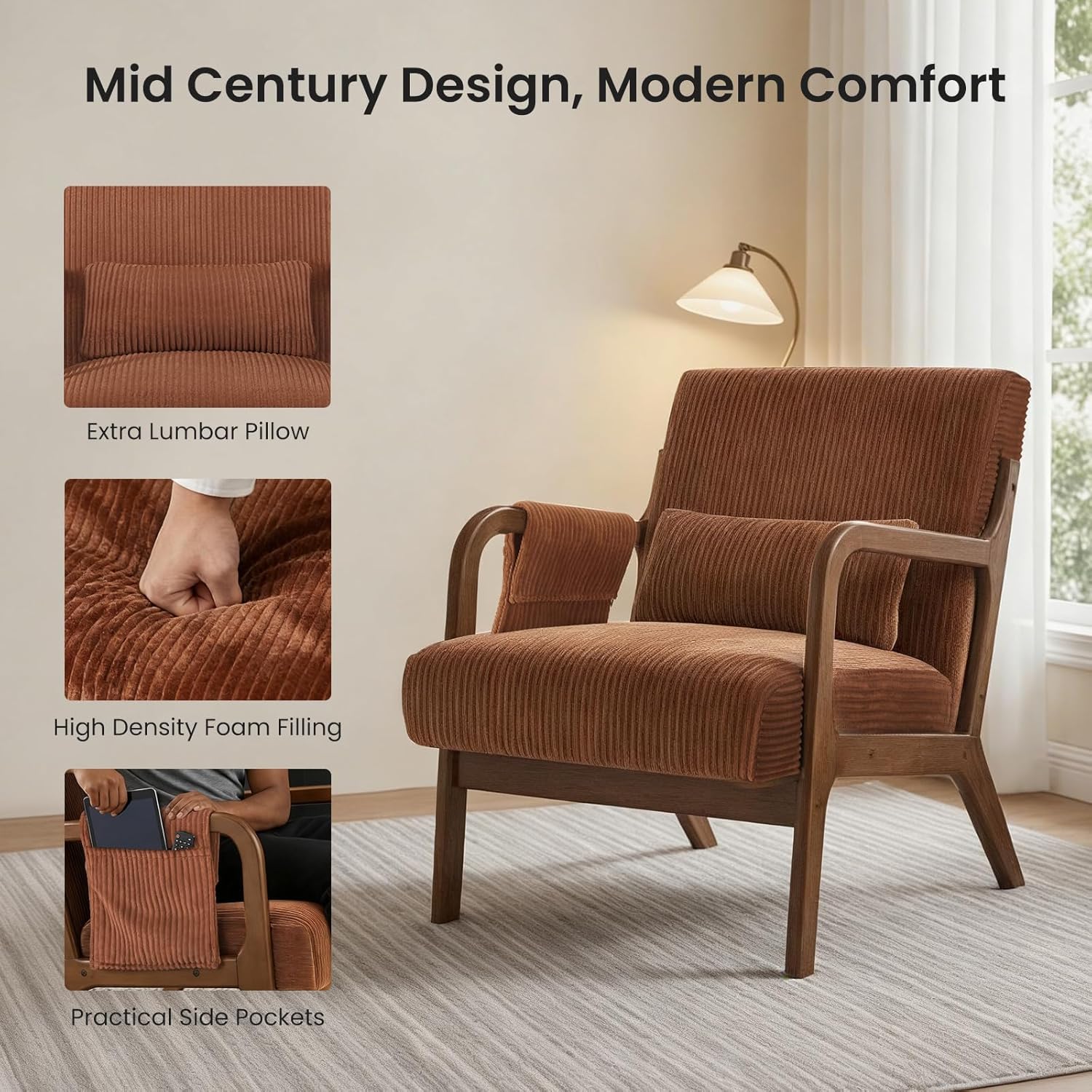 DUMOS Mid Century Modern Accent Chair, Upholstered Armchair with Lumbar Pillow and Solid Wood Frame, Comfy Reading Chair for Small Living Room, Bedroom, Guest Room, Navy Blue — Orange / 1 PC (5)