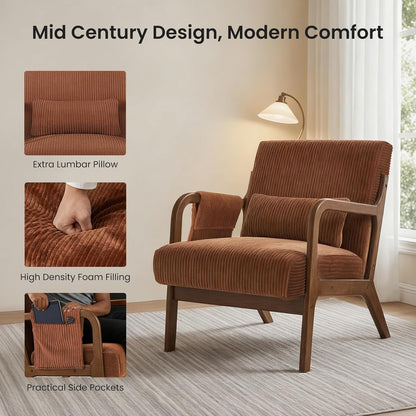 DUMOS Mid Century Modern Accent Chair, Upholstered Armchair with Lumbar Pillow and Solid Wood Frame, Comfy Reading Chair for Small Living Room, Bedroom, Guest Room, Navy Blue — Orange / 1 PC (5)
