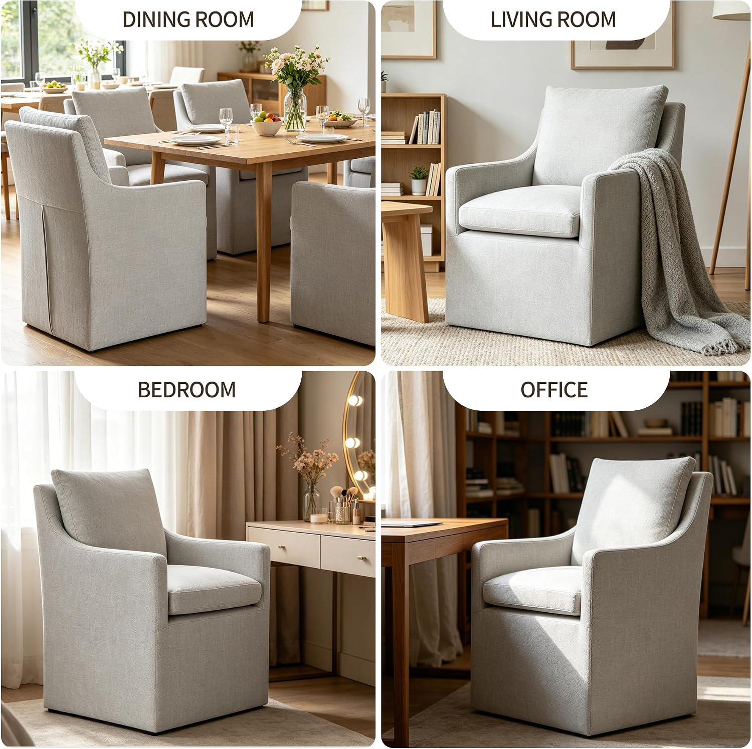 DUHOME Upholstered Dining Chair Set of 2 360 Swivel Linen Accent Armchair | Pre-Assembled Modern Rolling Armchair with Silent Casters, Beige Linen Accent Chair for Dining Room Living Room Bedroom — Beige / 2PCS (9)