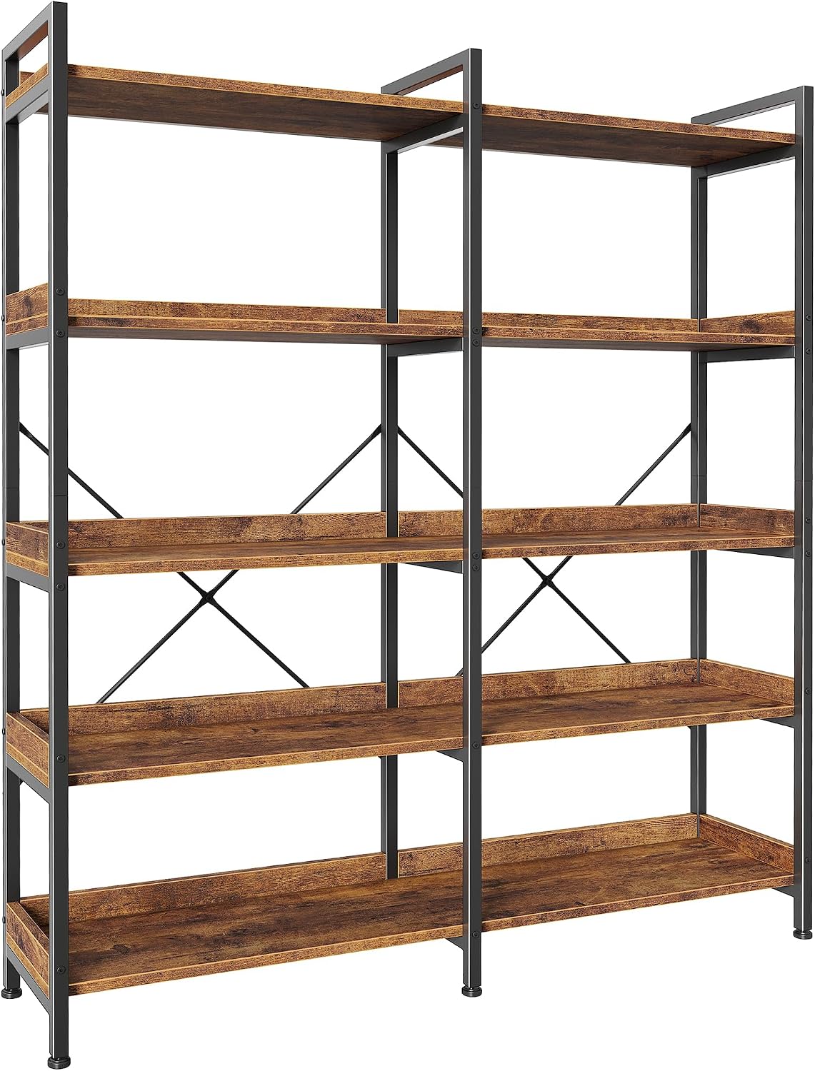Huuger 5 Tier Bookshelf, Display Bookshelf with 10 Open Shelves and Raised Baffle, 47.2 Inch Straight Wide Bookcase with Metal Frame and Wooden Board, Adjustable Feet, Rustic Brown — 5 Tier / Rustic Brown