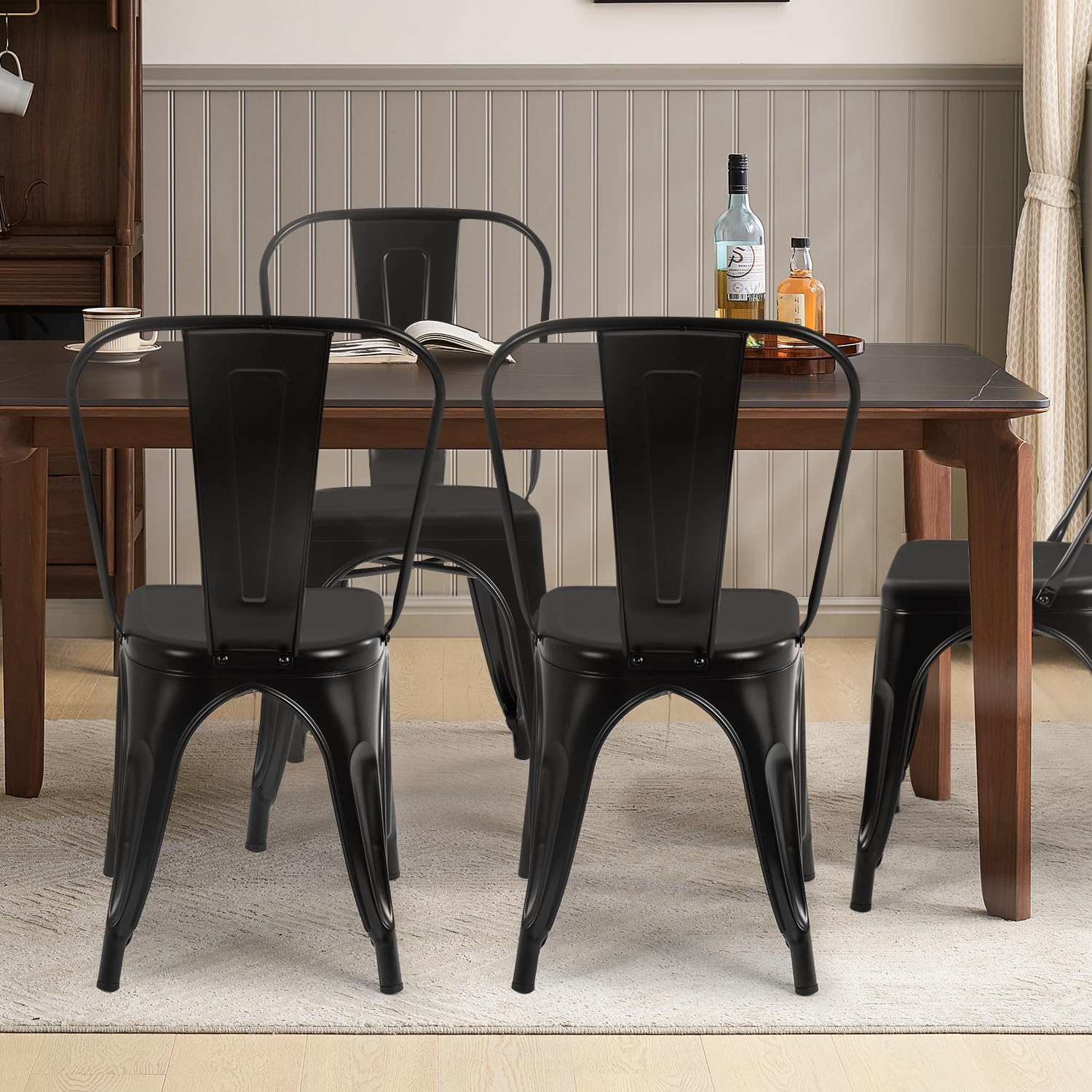 FDW | Metal Dining Chairs | Set of 4 | Black | Stackable Tolix Side Chairs with Backrest | Scratch-Resistant | Non-Slip Feet | Indoor/Outdoor Use | 330 lbs Capacity | for Kitchen & Restaurant — Black / Steel Seat (2)