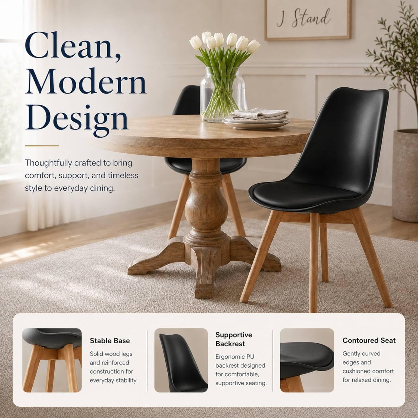 Dining Chairs Set of 4, Modern Upholstered Dining Room Chairs with PU Leather Padded Seat, Armless Kitchen Chairs with Curved Backrest and Solid Wood Legs for Dining Room, Kitchen, Apartment, Black — Black / Pack of 4 (6)