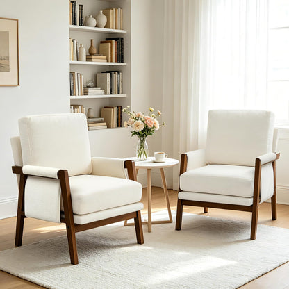RNKSFX Cream Accent Chair for Bedroom & Living Room, Mid Century Modern Accent Arm Chair, Upholstered Anthropologie Accent Chair with Solid Wood Frame, Fabric — 2 / Cream White
