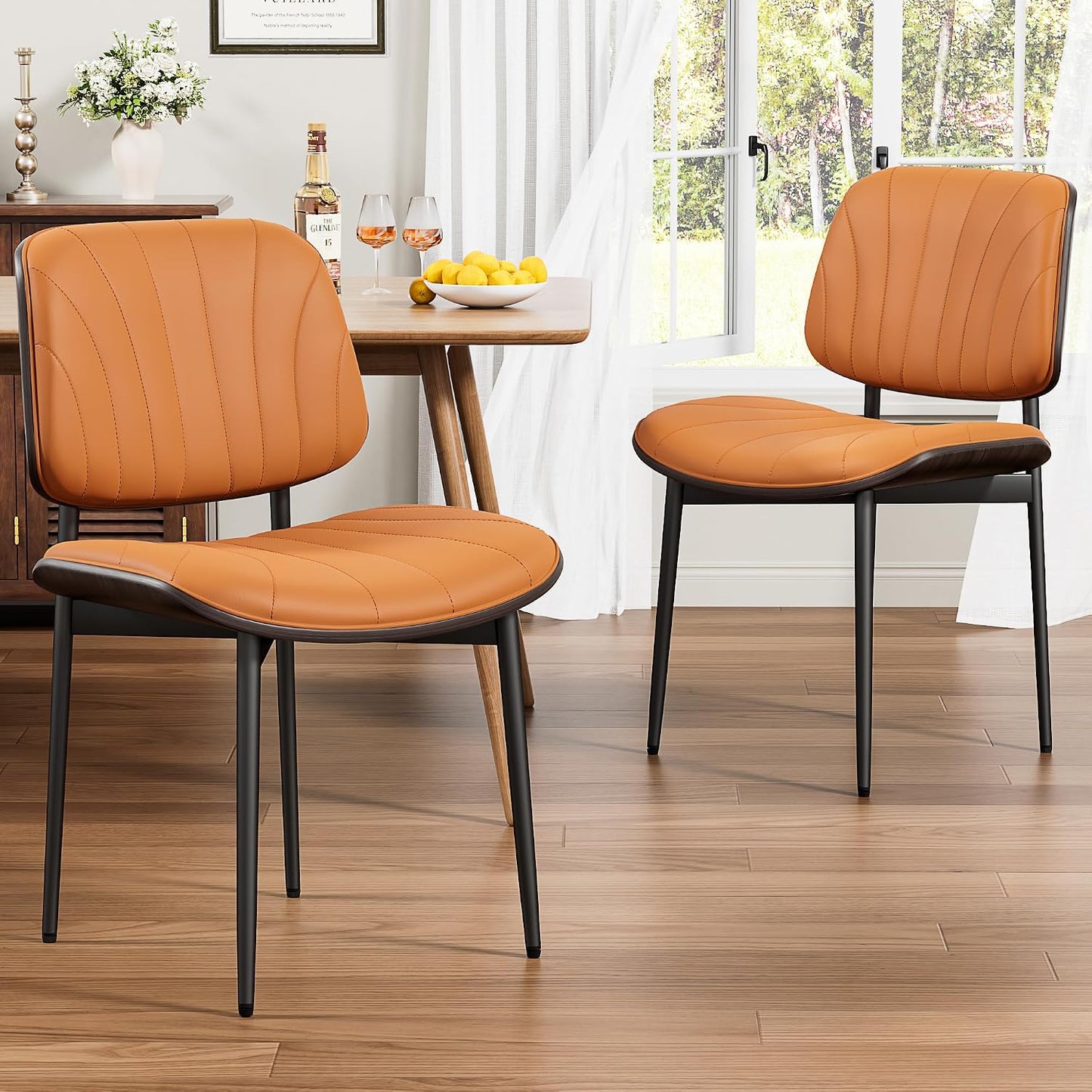 Dining Chairs Set of 4, Mid-Century Modern Upholstered PU Leather Chairs | with Walnut Bentwood Back and Metal Legs Adjustable Feet for Kitchen Dining Room, Black Shell Strips — Orange Shell Strips / 2