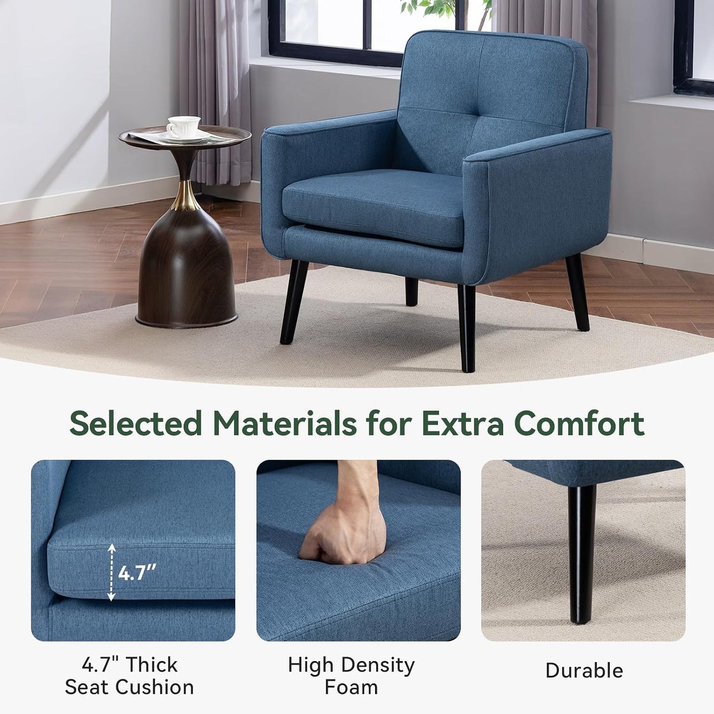 Vogue Furniture Direct Mid Century Accent Chair, Fabric Modern Chair with Wooden Frame, Cozy Armchair Reading Chair with Comfy Back for Apartment, Living Room, Bedroom, Small Space, Corner, Blue — Blue / 1 (9)