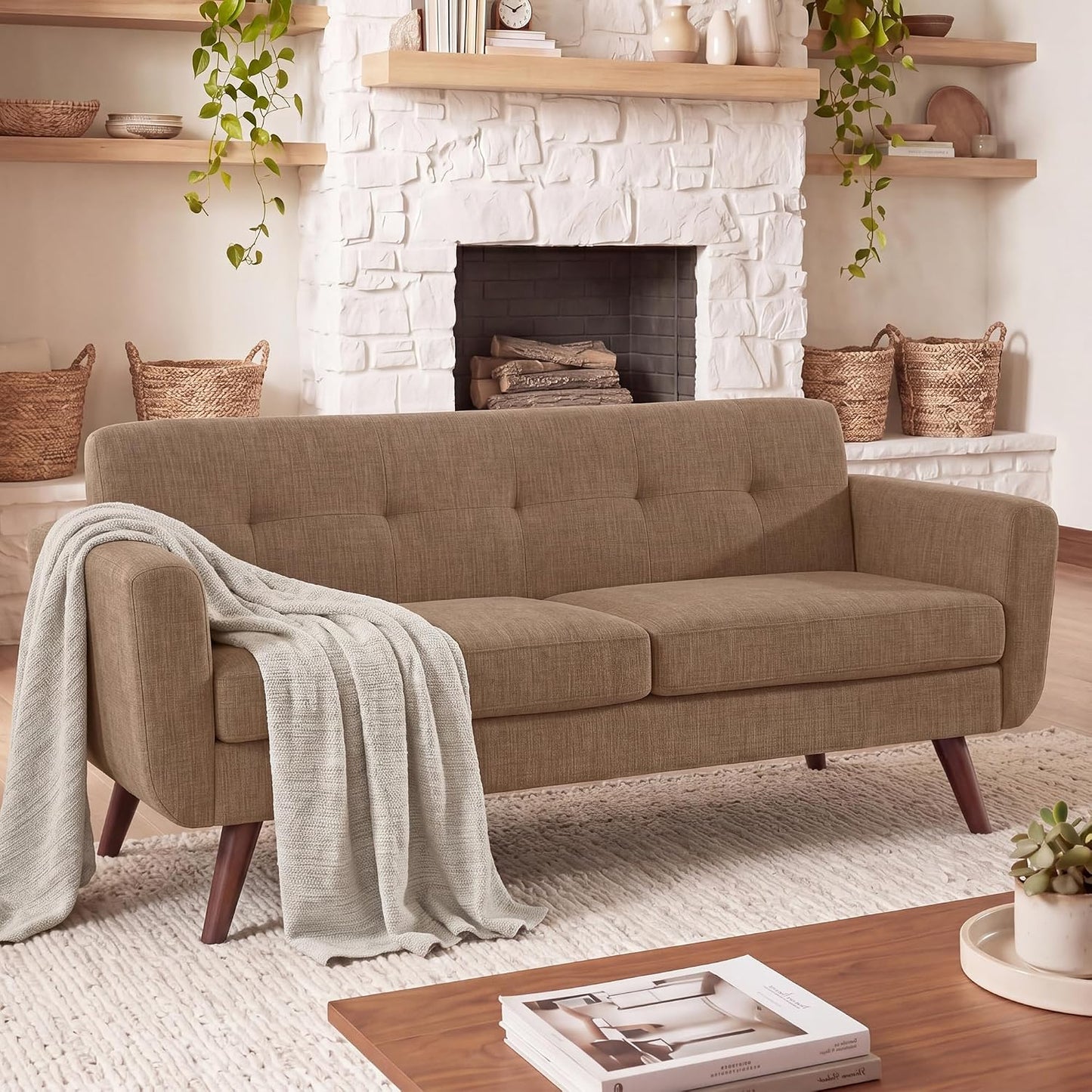 Tbfit Linen Fabric Single Sofa, Accent Chair, Mid Century Modern Armchair for Living Room, Bedroom Button Tufted Upholstered Comfy Reading Sofas, Beige