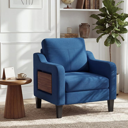 Accent Chair for Living Room, Mid-Century Upholstered Armchair with Foldable Table & 2 Side Pockets, Modern Linen Wooden Sofa Chair for Bedroom & Reading Room, Light Grey — Blue / 1