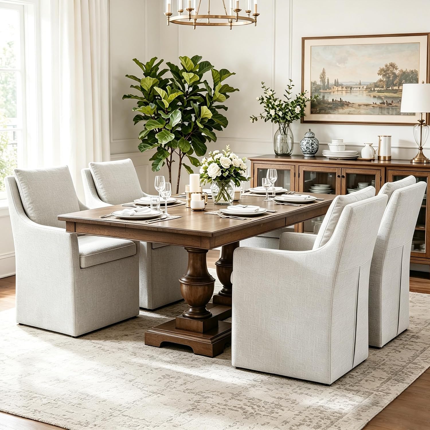 DUHOME Upholstered Dining Chair Set of 2 360 Swivel Linen Accent Armchair | Pre-Assembled Modern Rolling Armchair with Silent Casters, Beige Linen Accent Chair for Dining Room Living Room Bedroom — Beige / 2PCS (3)