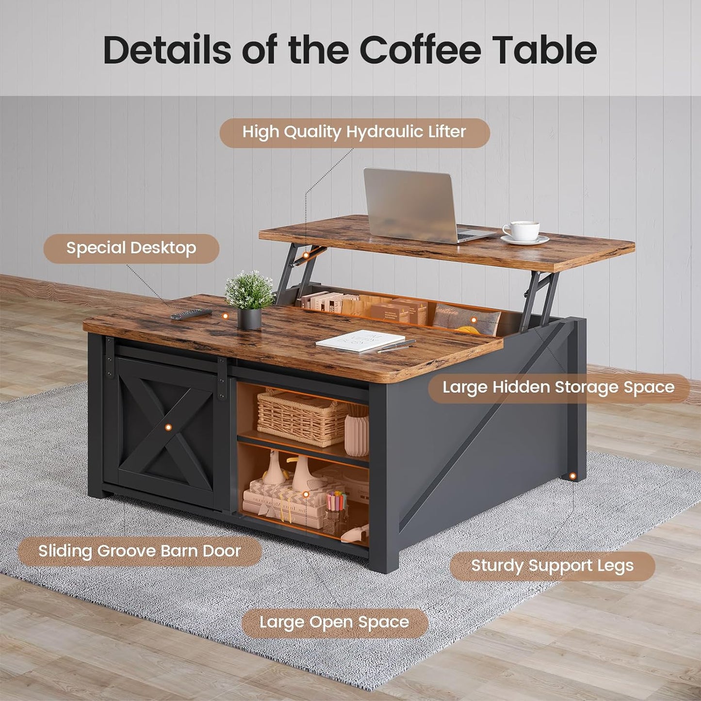SEDETA 31.5" Lift Top Coffee Table with Storage, Square Coffee Tables for Living Room, Farmhouse Coffee Table with Large Hidden Storage Compartment and Adjustable Shelves, Black — Black (3)