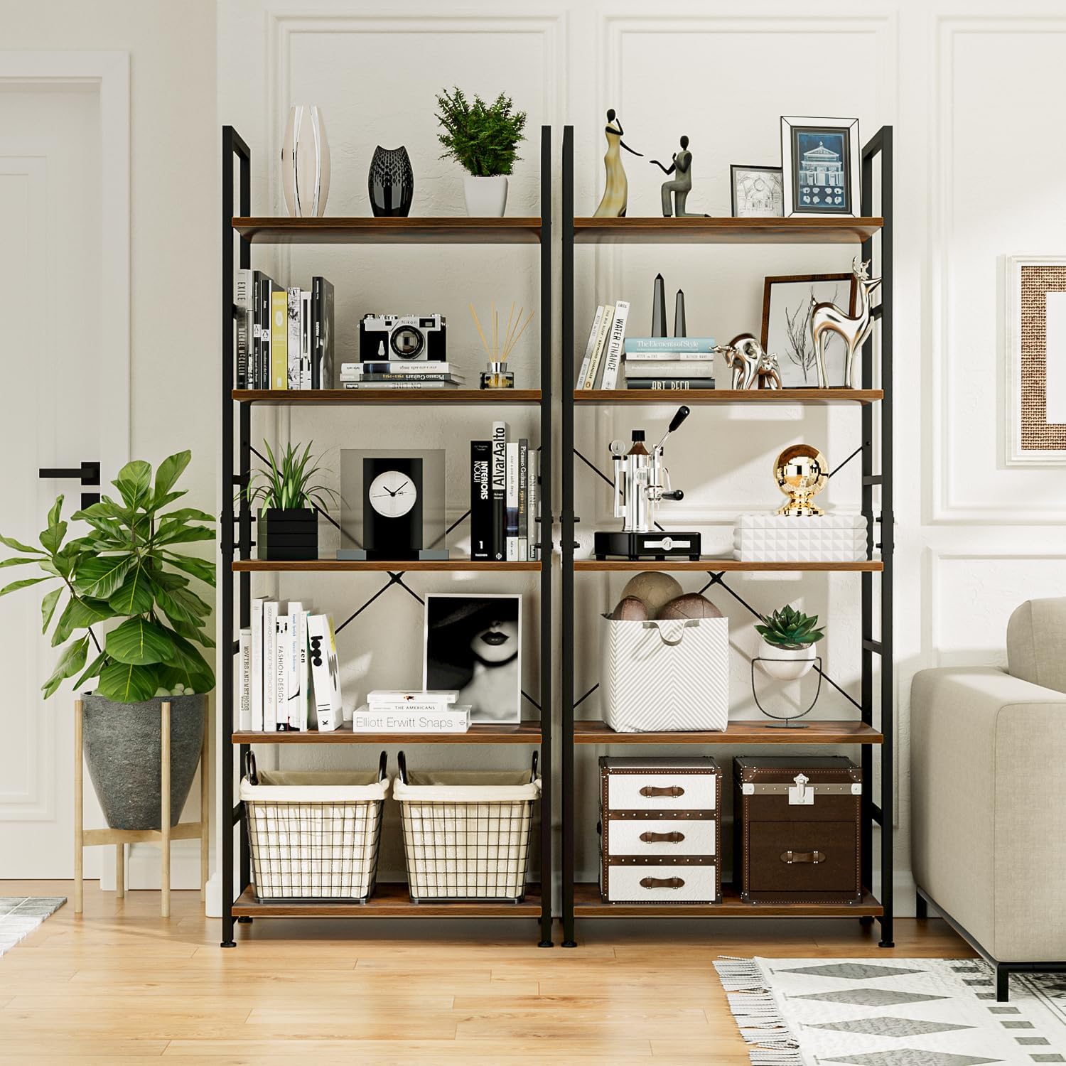 NUMENN 5 Tier Bookshelf, Tall Bookcase Shelf Storage Organizer, Modern Book Shelf for Bedroom, Living Room and Home Office, Vintage — 5 Tier / Vintage (4)