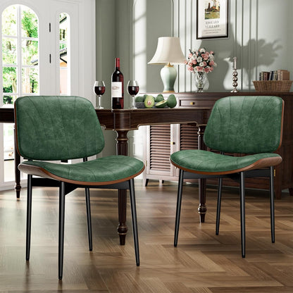 YaFiti Mid Century Dining Chairs Set of 4 with Walnut Bentwood, Greige | Ergonomic Walnut Backrest, Upholstered Waterproof PU Leather Seat, Stable Metal Legs, Adjustable Footpads, Apartment Friendly — Green Scallop / 2