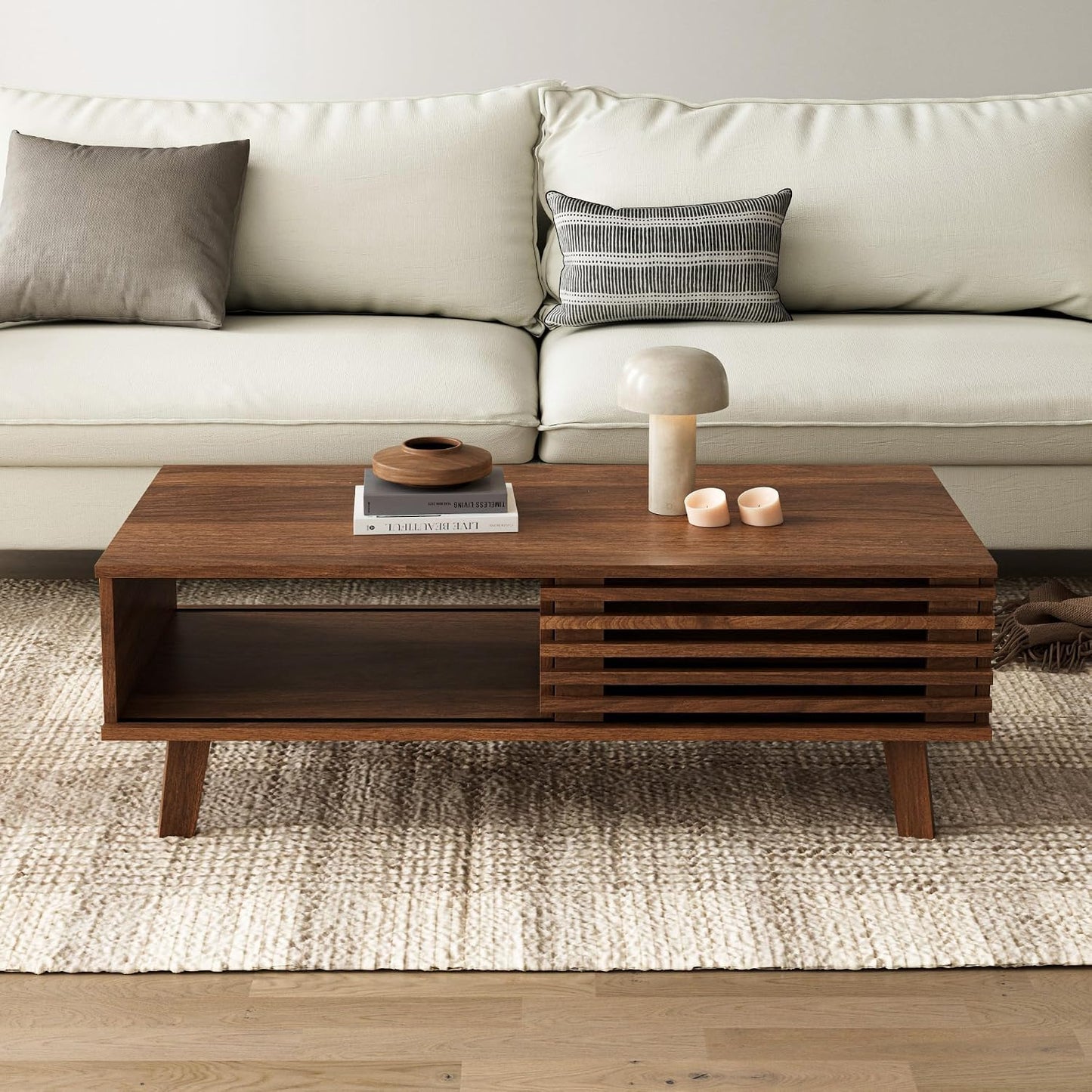 Furniway Mid Century Modern Coffee Table, Wood Coffee Table with Storage, Farmhouse Table for Living Room, Apartment, Walnut — Walnut (7)