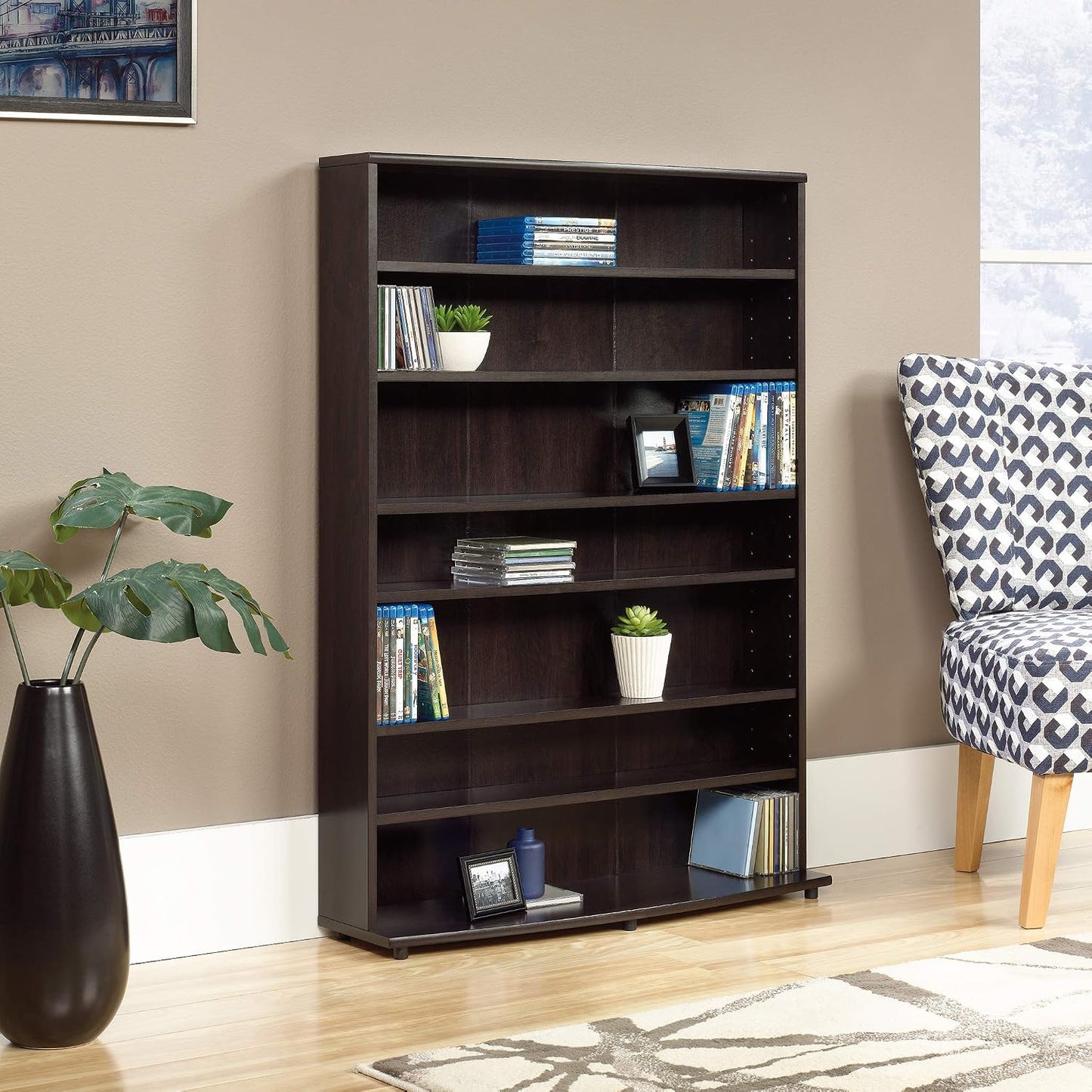 Sauder Multimedia 7 tier Storage Tower, Cinnamon Cherry finish — L:32.44" x W:9.41" x H:45.35 / Cinnamon Cherry (2)